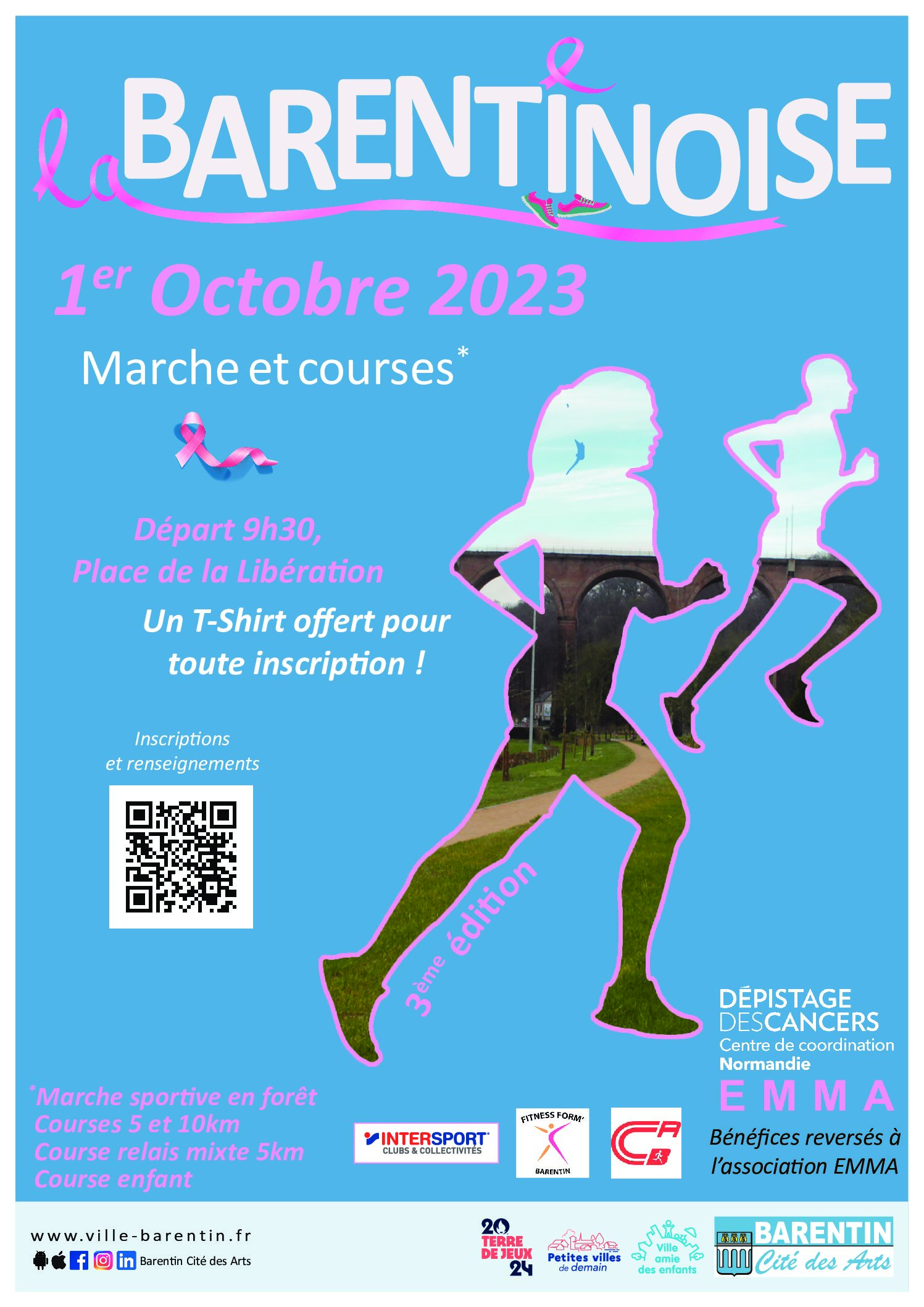 Après deux premières éditions plus que réussites, retour de la Barentinoise le dimanche 01 octobre 2023. La Barentinoise est une course solidaire organisée conjointement par la mairie de Barentin et par l'Athletic club de Barentin dont les bénéfices seront entièrement reversés à l'association Emma. La saison passée c'est un chèque de 4000€ que nous avons remis à l'association. Départ de la première course à 9h30 le 01 octobre. Le tarif est unique soit 10€ + 1 euro de frais de gestion Le retrait des dossards se fera au magasin Intersport de Barentin le 30 septembre de 10h à 18h Pour s'inscrire cliquez ici ouverture des inscriptions le 1er juillet 2023 Pour toutes informations complémentaires la.barentinoise@gmail.com