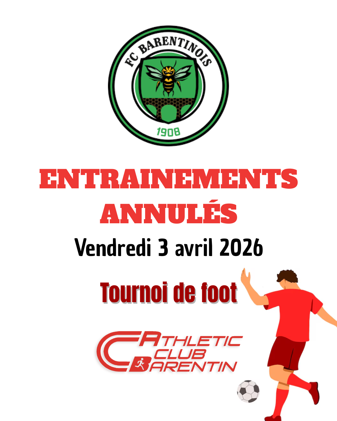 ENTRAINEMENT ANNULE : vendredi 3 avril 2026 en raison d&rsquo;un tournoi de foot⚠️